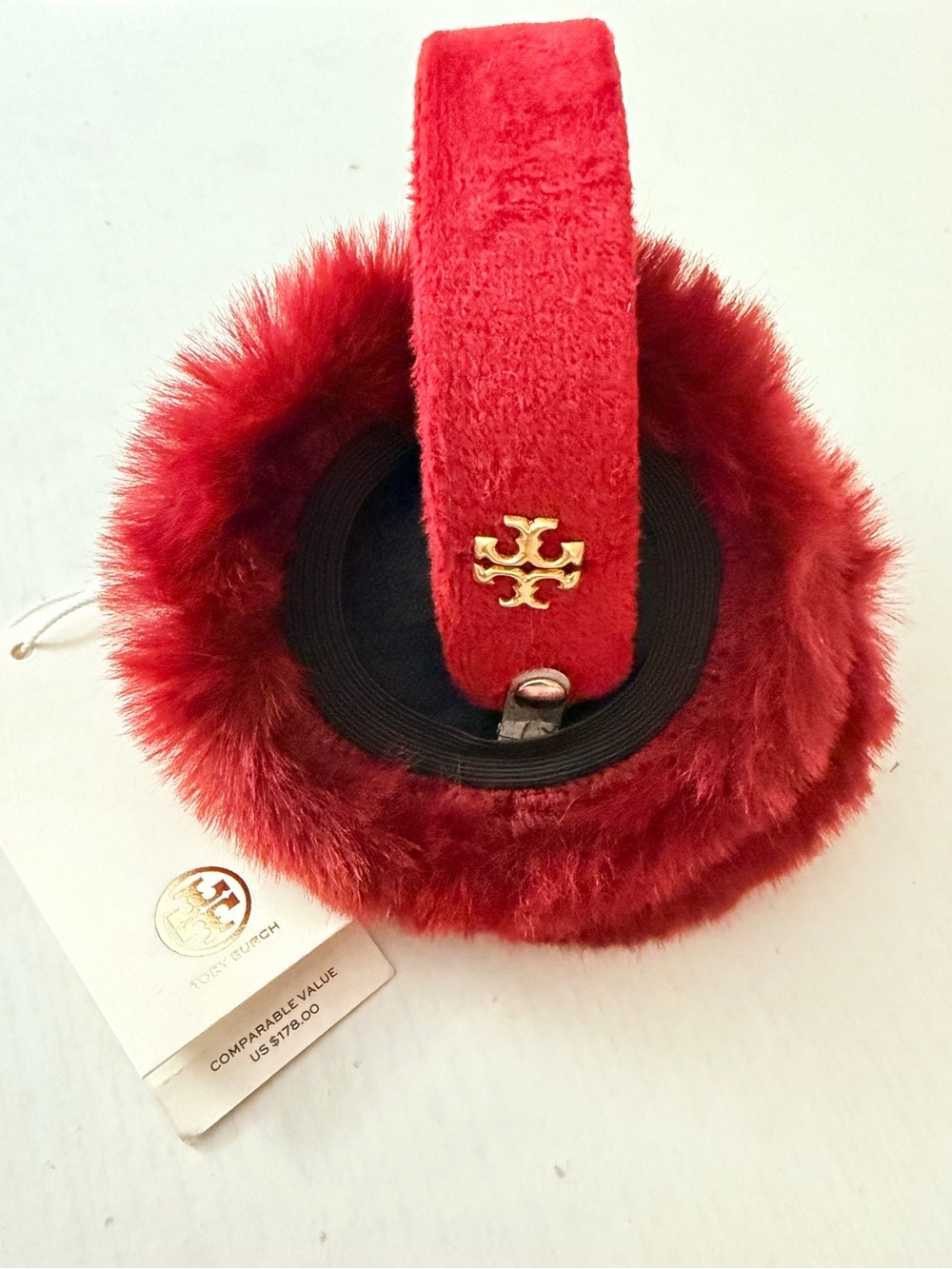 NWT Tory Burch Burgundy Faux Fur Ear Muffs with Gold Logo Accent